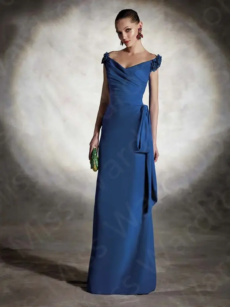 Simple Modern Blue Mother Dresses Cap Sleeves  of the Bride Gowns V Neckline Flowers Wedding Guest Dress 2023 On Sale