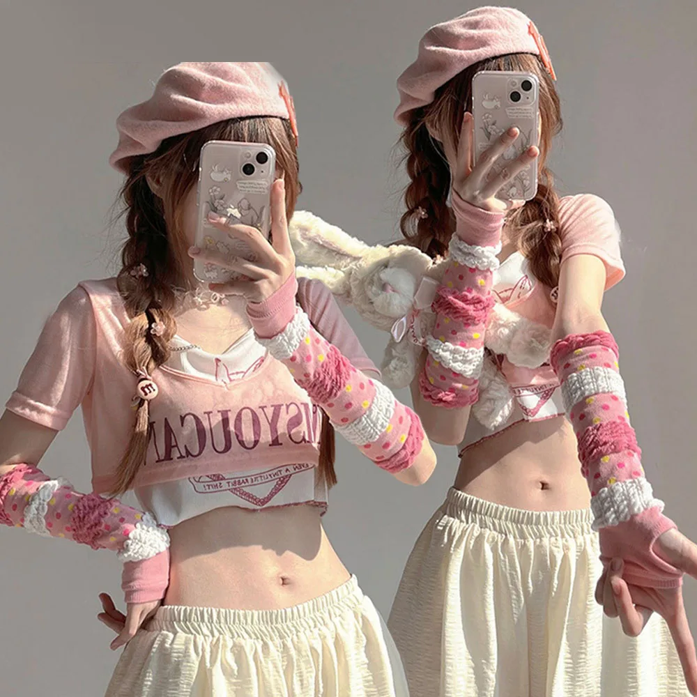 Girls Sweet Pink Arm Cover Y2K JK Lolita Puff Sleeves Fingerless Long Gloves Knitted Arm Warmer Cuff Street Dance Bubble Sleeves