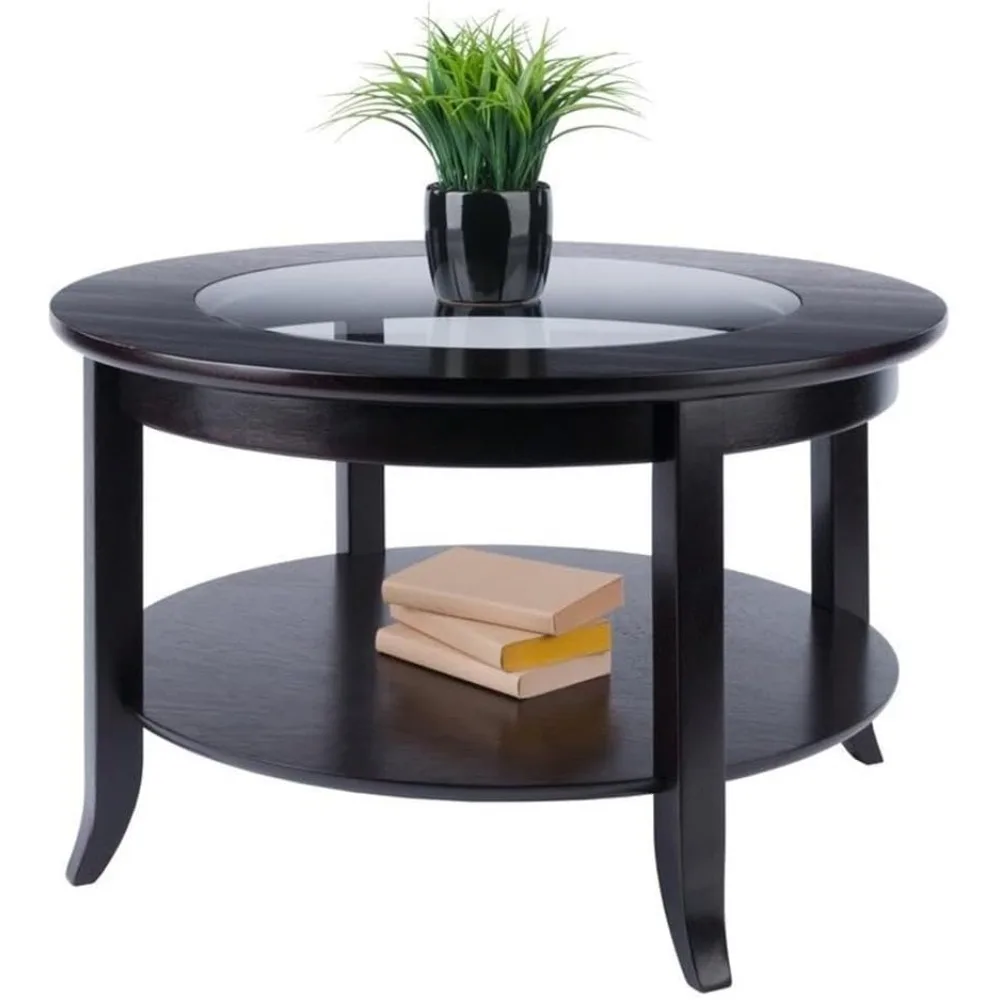 Contemporary Round Wood Coffee Table with Glass Top in Dark Espresso
