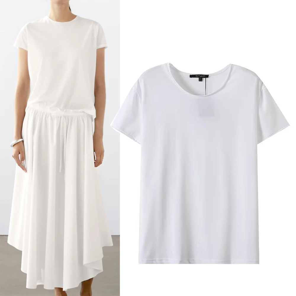 

Универсальный белый футболка-поло для женщин, модный повседневный топ из смесового хлопка и полиэстера с круглым вырезом для девочек-подростков