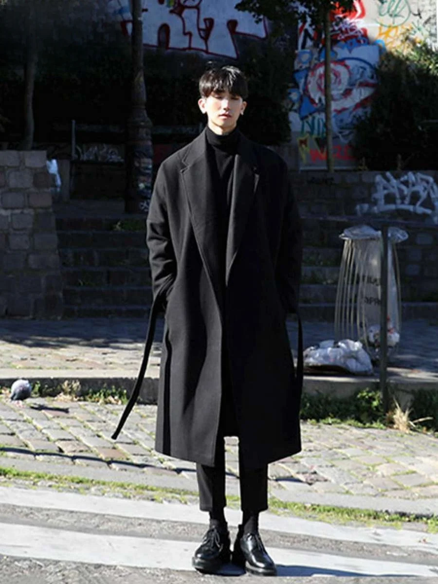 New Men's Woolen Coat Medium Length Hong Kong Style Youth  Color Casual Fashion Loose Top PU Material Long Coat