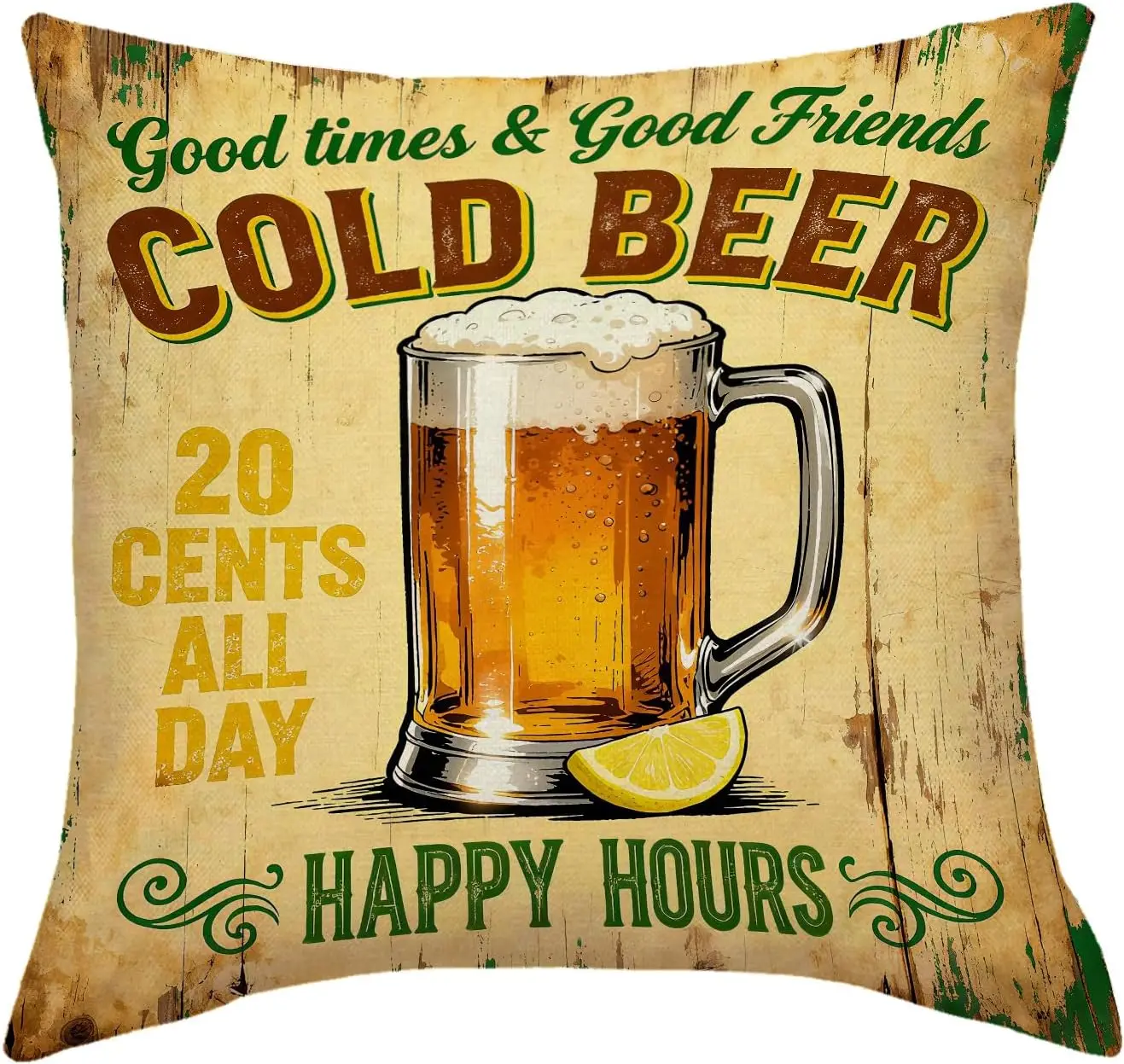 Retro Beer Sign Pillowcase, Cold Beer Mug Cushion Cover, Vintage Bar Pub Decor, Man Cave Party Gift, Happy Hours