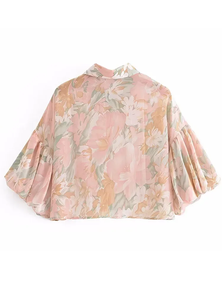 Chemise à manches bulles imprimée à la mode pour femmes, col rabattu, chemises à boutonnage simple, Streetwear féminin, automne, printemps, 2023