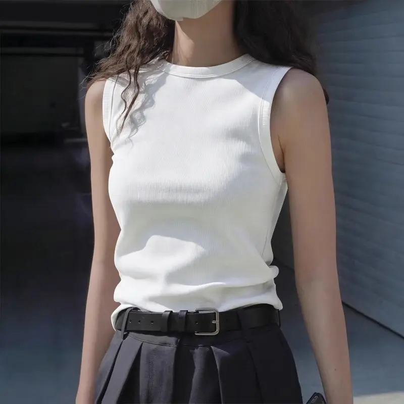 Ladies' Summer Fashion Round Neck Sleeveless Vest Soft Solid Color Suspender Korean Version Slim Fit Versatile Women's Clothing