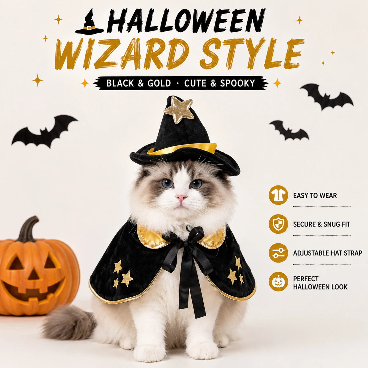 Halloween-Zauberer-Kostüm für Katzen und Hunde, schwarzer, goldfarbener Umhang mit Sternenmuster, passender Hexenhut, verstellbarer Riemen, macht Spaß. – Detail 1