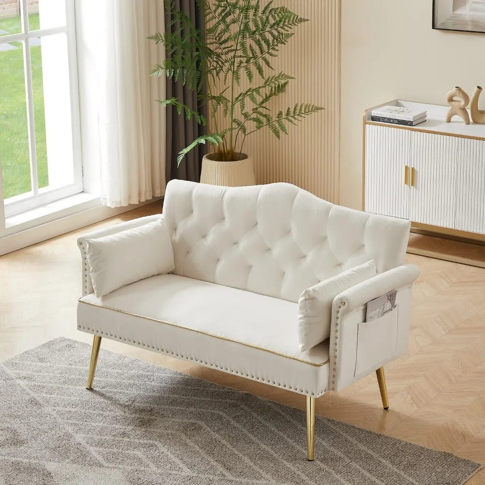 Small Velvet Loveseat Sofa with Gold Metal Legs,55-inch Modern Sofa Couch with 2 Side Pockets,Couch with Tufted Backrest for Liv image 5