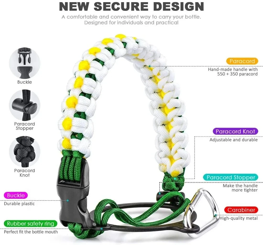 Paracord Handle Survival Strap Cord Drinkware Handle With Safety Ring Plastic Rings And Carabiner For 12oz-64oz Wide Mouth Water