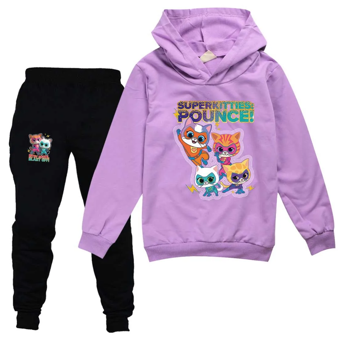 Cute Super Kitties Costumes Kids Cartoon Super Kitty Clothes Baby Girls Autumn Outfits Children Hoody Sweatshirts Pants 2pcs Set