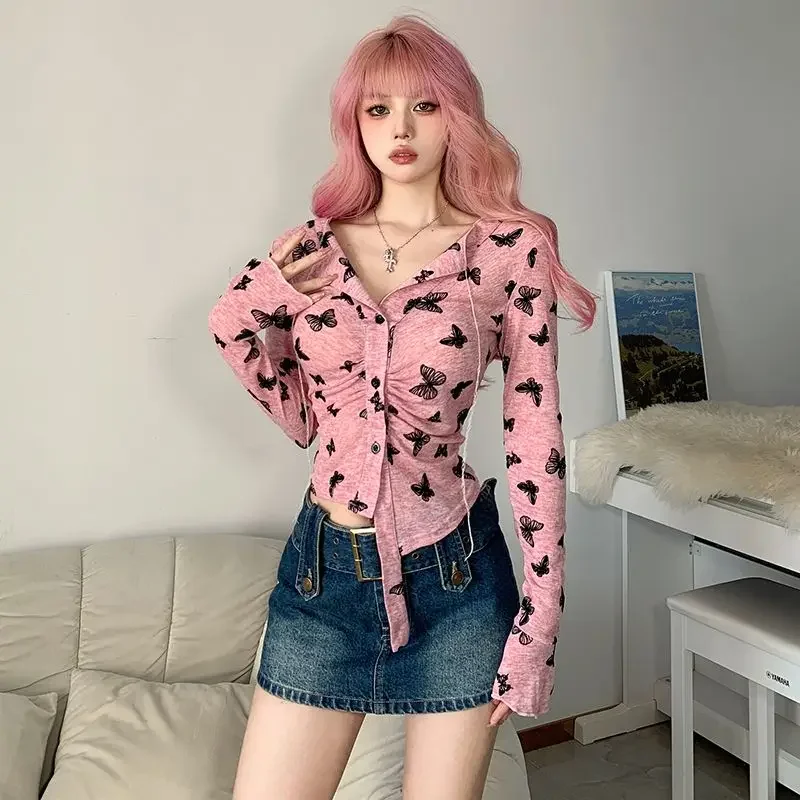 Deeptown Sexy Pink Graphic Blouses Women V-neck Y2k Cropped Shirts Vintage Long Sleeve Harajuku Fairycore Korean See-through Top