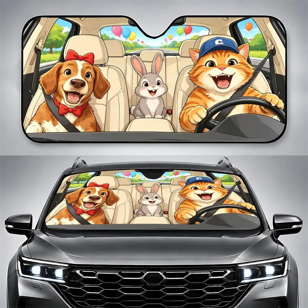 Para-sol Automotivo Engraçado com Animais Dirigindo, Bloqueador UV, Isolamento Térmico, Refrescante, Fácil Instalação, Portátil e Dobrável