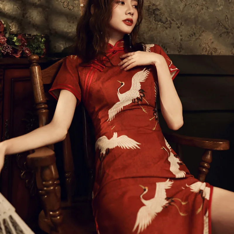 Red Crane Cheongsam Chinese Style Vintage Dress Slim-fit Women Wedding Costumes Elegant Long Qipao S To XXL