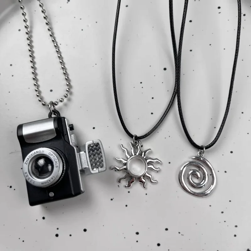 3Pcs Punk Necklace Set Hollow Sun Spiral Retro Camera Pendant Black Wax Rope Silver Ball Chain Stacked Jewelry