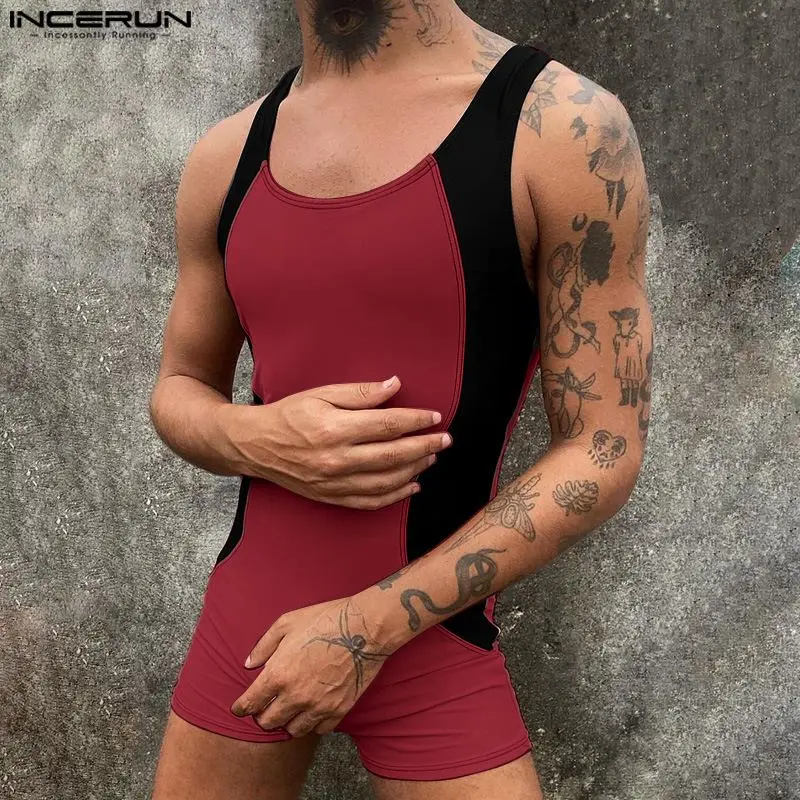 INCERUN 2024 Sexy Style New Mens Homewear Jumpsuits Fashion Contrast Color Rompers Casual Personality Sleeveless Bodysuits S-5XL