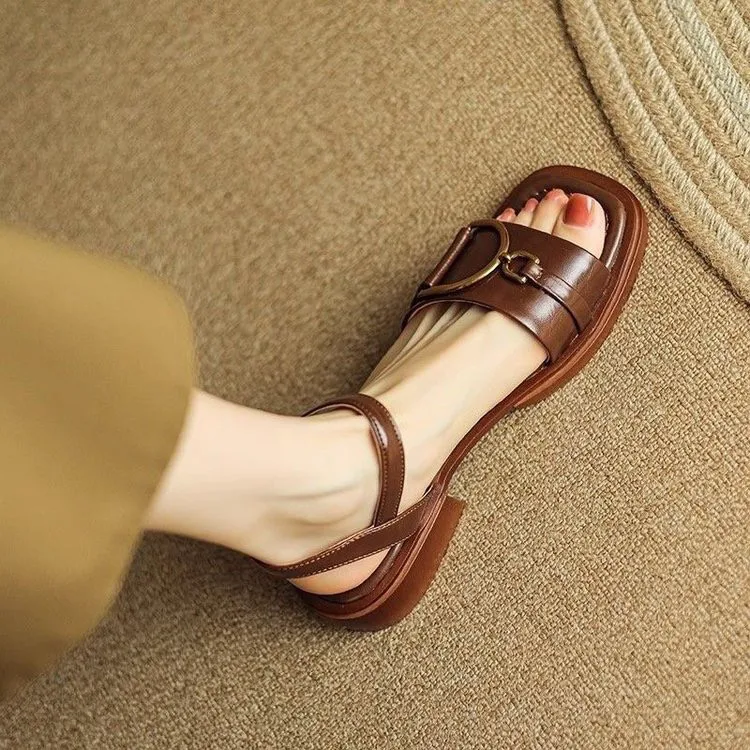 Leather Retro Single Strap Sandals Women's 2026 New Summer Simple Versatile Thick Heel Anti-Slip Mom Sandals Korean Style Low...