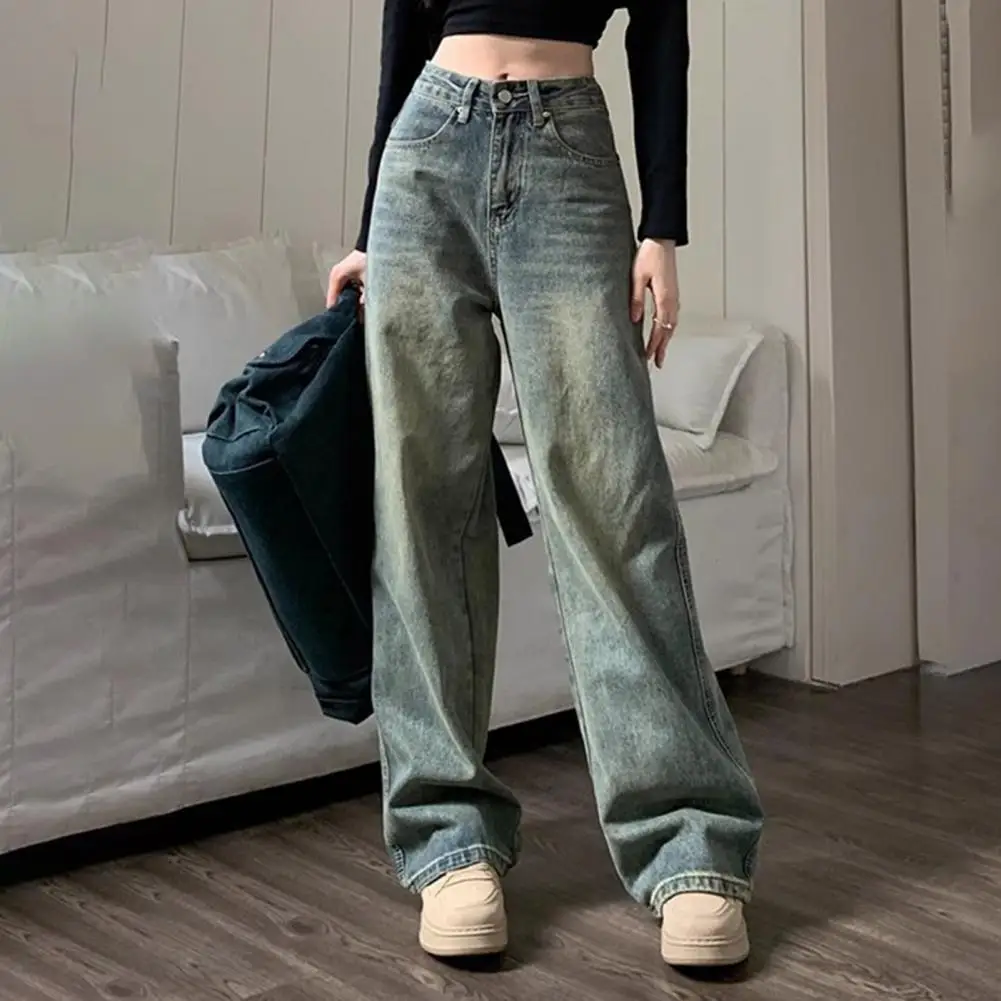 Calça jeans feminina de cintura alta perna larga, jeans angustiado, bolsos de fechamento de botão para chão, angustiado, retrô