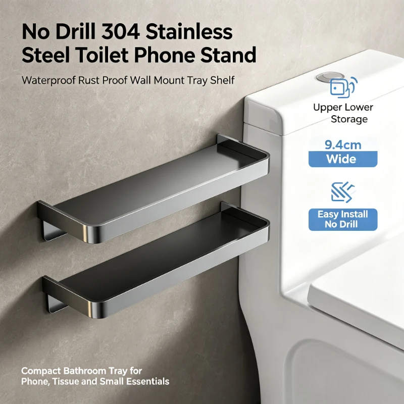 No Drill 304 Stainless Steel Toilet Phone Stand Wall Mount Tray Waterproof Rust Proof Upper Lower Storage 9.4cm Wide Mesh Shelf