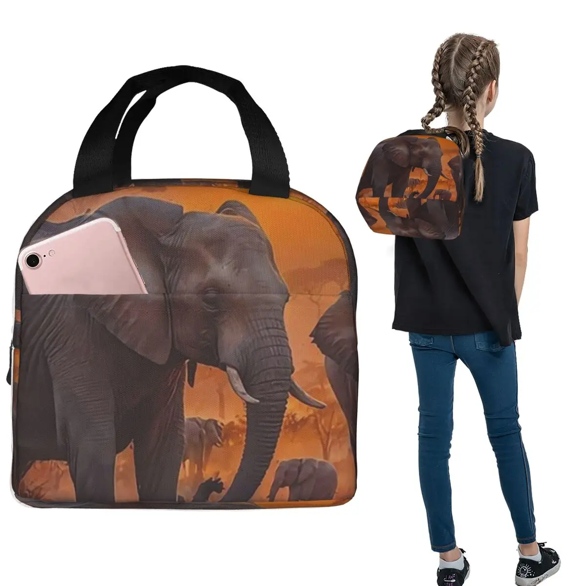 

Термосумка для обедов Dusk Elephant Herd African Savannah Elephant для женщин и детей, портативная термосумка для еды, термосумка-тоут