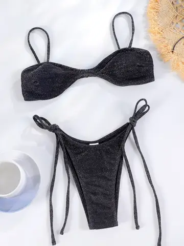 String Black Shiny Swimsuit With Ties 2025 Bikini Sexy Swimwear Women Bathing Suit Brazilian Bikini Solid Color Beachwear