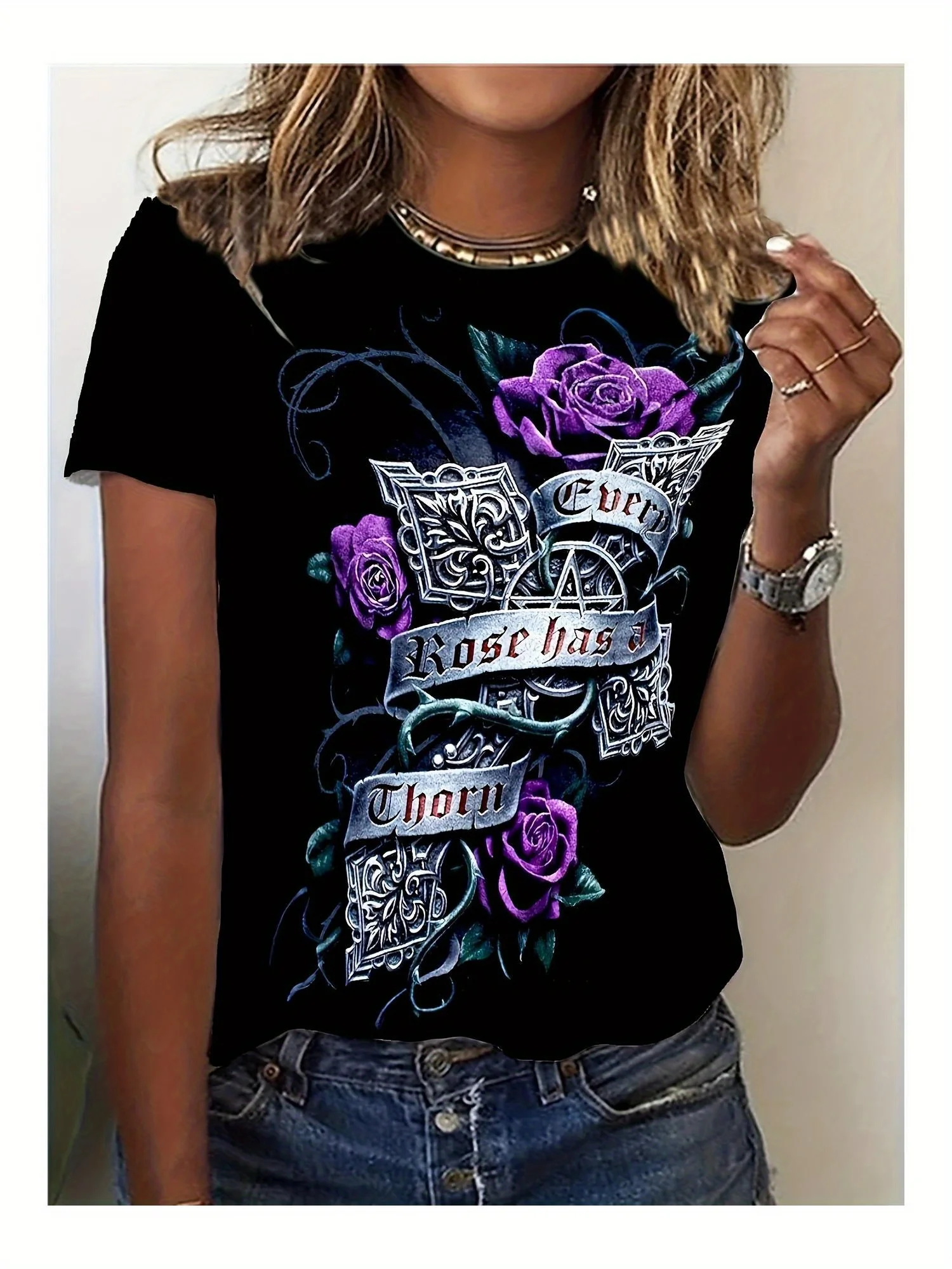 Vintage T-shirt met bloemen- en letterprint, top met ronde hals en korte mouwen voor lente en zomer, dameskleding