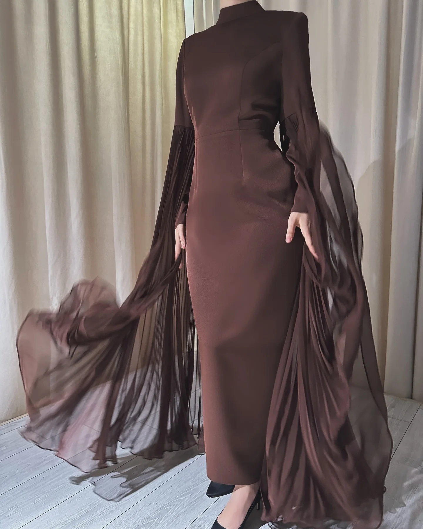 

Customized Exquisite Jersey Evening Dresses Temperament Long Sleeves High Collar Prom Dress Custom Size Special Occasi