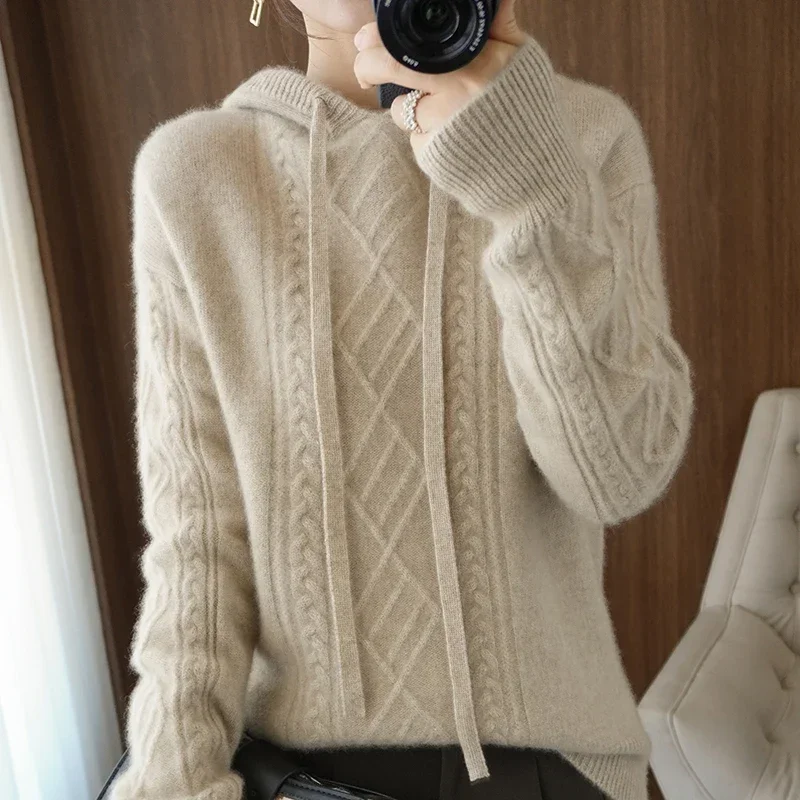 

Tailor Sheep 100% Cashmere Wool Ladies Hooded Sweater Loose High-end Long-sleeved Knitted Solid Color Pullover Winter