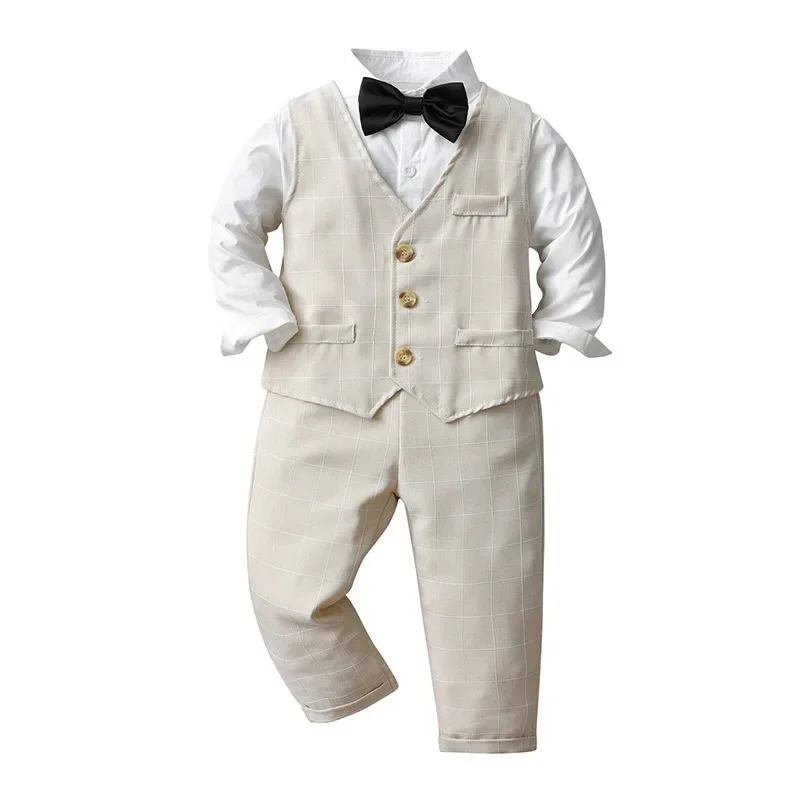 

Clothes Set Vest+Pant+Shirt+Bow Tie Infant Toddler Suit Party Birthday Baby Clothing Set 4PCS Gentleman Baby Boy Formal Plaid
