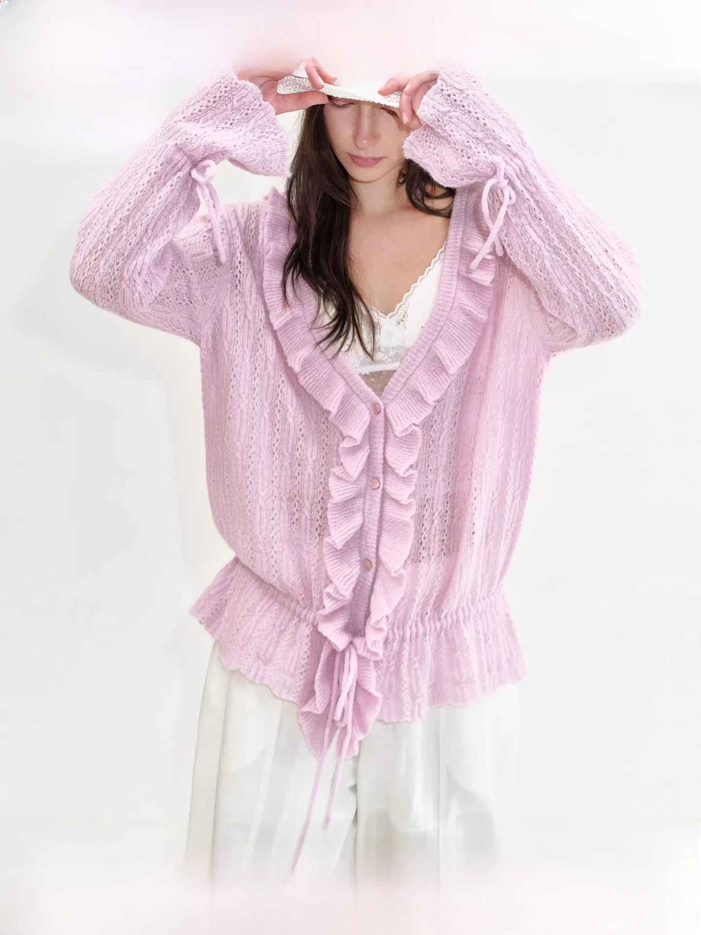 

Fano Women's Wool Blend Knitted Open Cardigan Summer Hollow out Lace Casual V-Neck Long Sleeve Soft Medium Nylon Polyest...