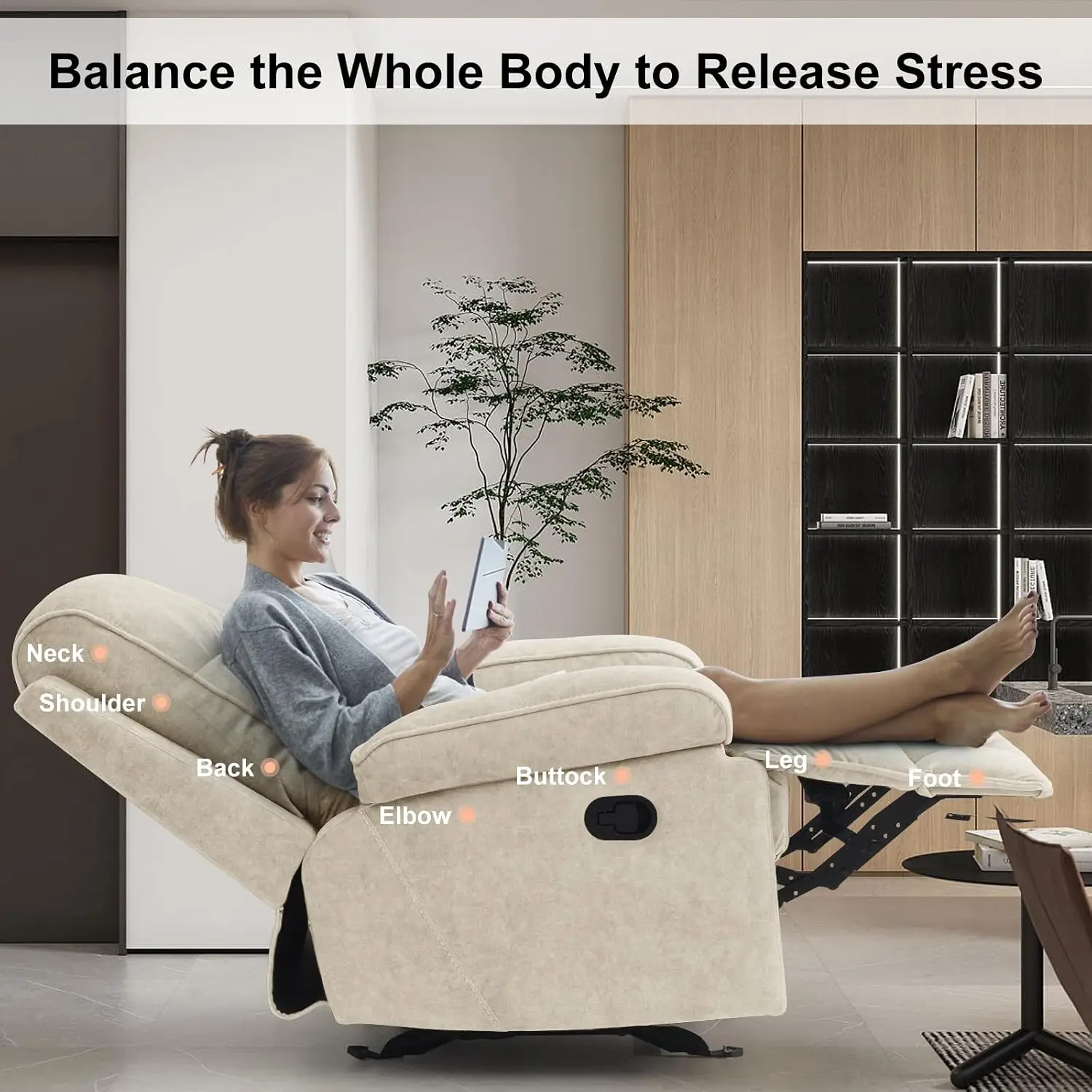 Manual Rocker Recliner, High Back Glider with Deep Seat, Fabric Armchair for Living Room & Nursery, Beige, Customized image 6
