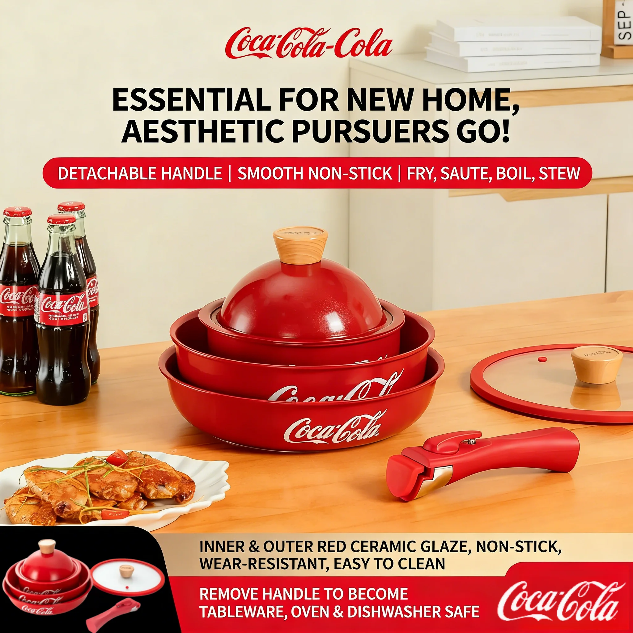 Conjunto de 3 Panelas com Tampas Coca Cola, Revestimento Cerâmico Antiaderente, Caçarola para Cozinha, Forno, Fogão e Indução