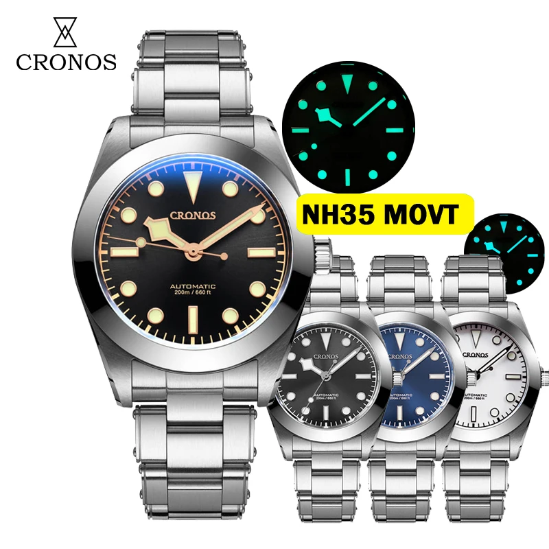 

Cronos BB39 Механические мужские часы 39 мм Автоматические NH35 PT5000 SW200 Снежные стрелки Сапфировое стекло Втулка Браслет 20ATM