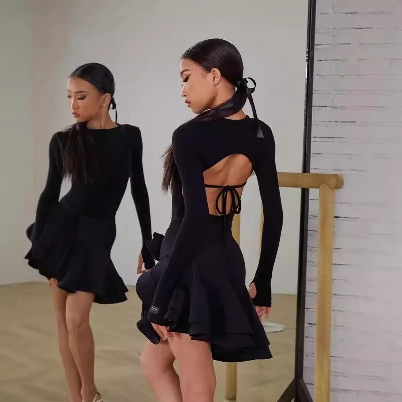 

Latin Dance Dress Girls Black Bodysuit Skirt Long Sleeves Practice Clothes Cha Cha Dance Competition Clothing