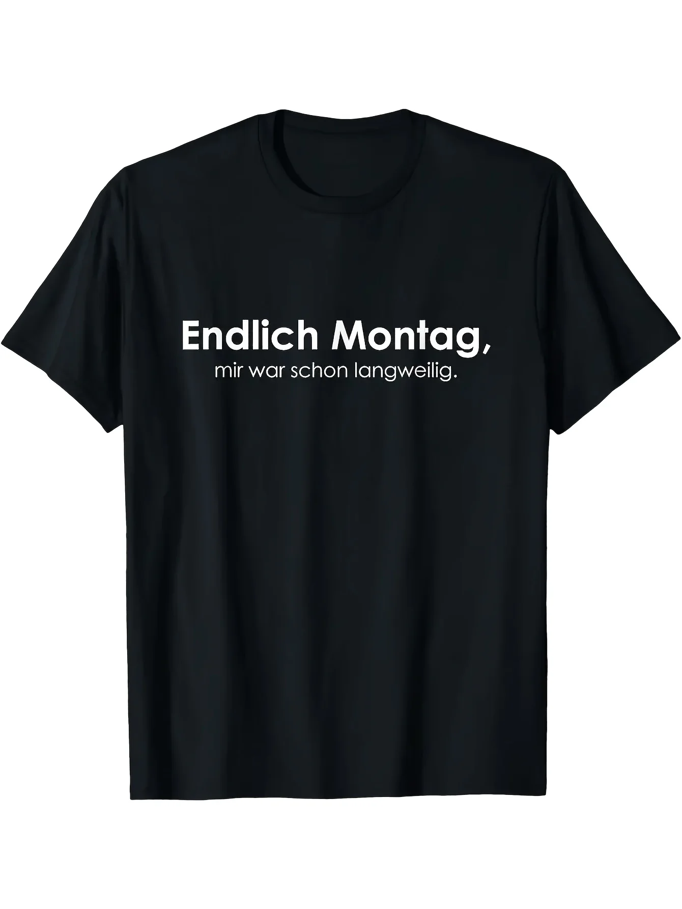 „Endlich Montag“-T-Shirt mit lustigem deutschem Zitat, lässiger Rundhalsausschnitt, kurze Ärmel, normale Passform, nicht dehnbar, atmungsaktiv, ganzjährig tragbar für Erwachsene, geometrisches Muster,