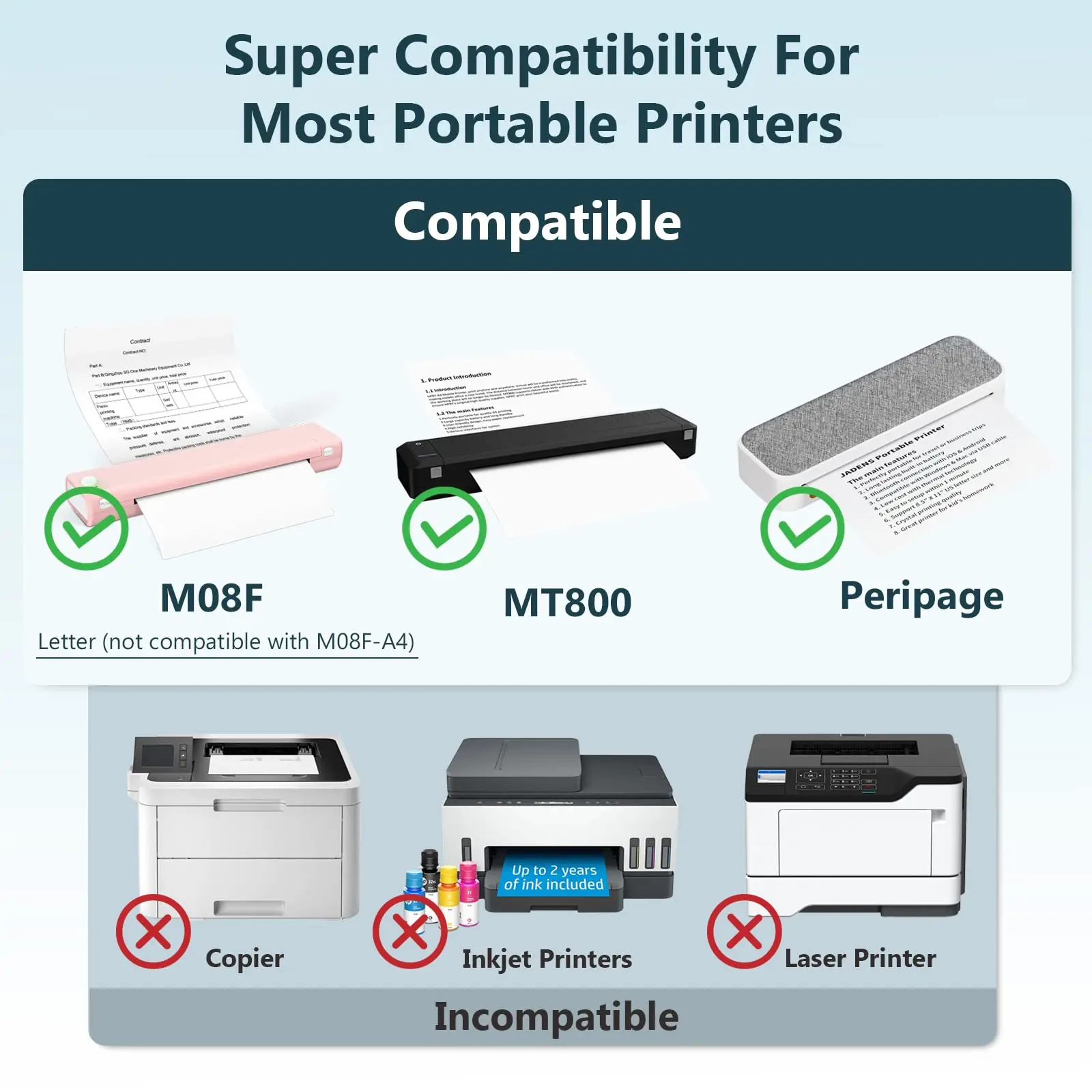 US Letter Thermal Paper 8.5x11 Compatible with M08F-Letter Printer HPRT MT800/MT800Q and Brother PJ762/PJ763MFi Portable Printer