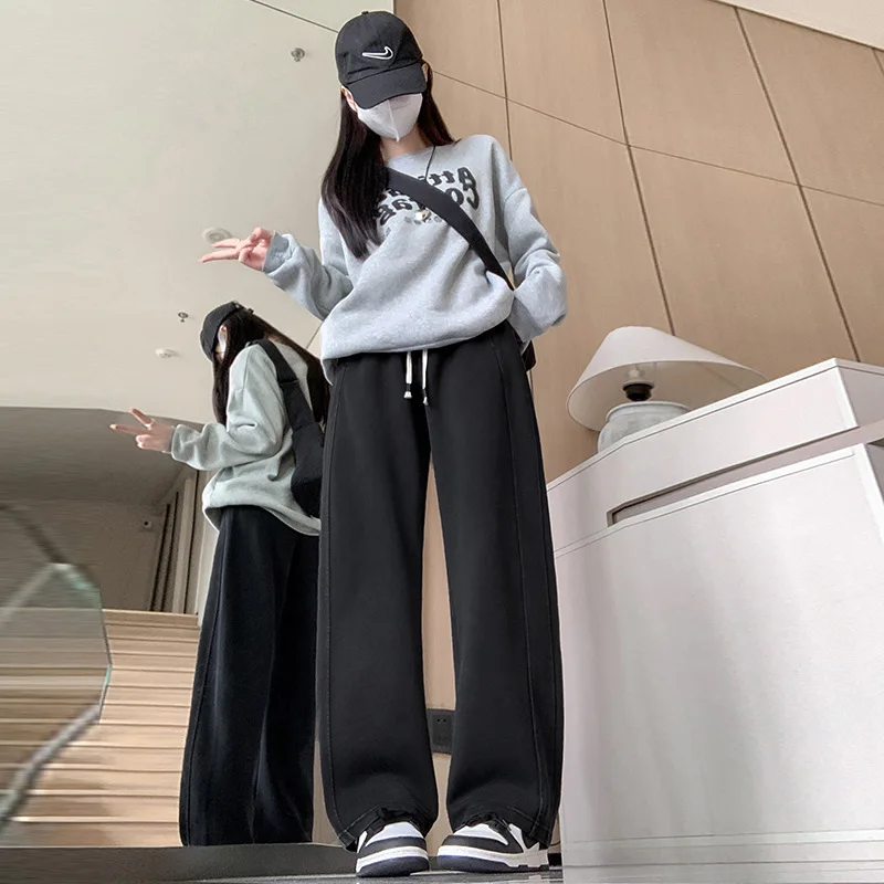 

Retro Washed Cotton Fleece Lined Wide Leg Jeans Loose BF Lazy Style Spring Autumn plus Size High Waist Casual Black Denim
