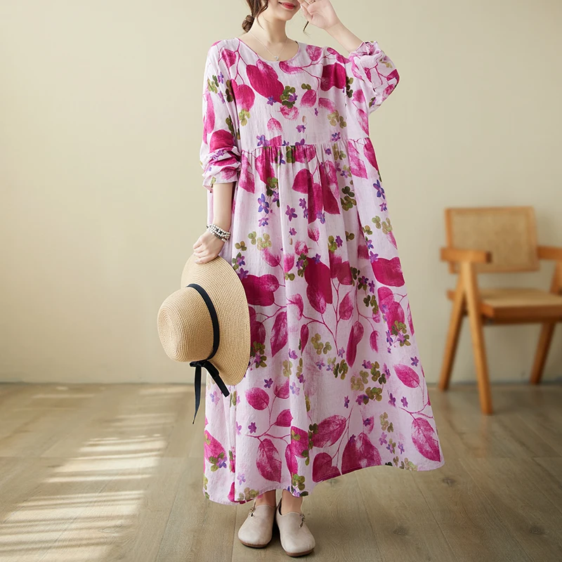 

NYFS 2023 Autumn New Vintage Long Dress Vestidos Robe Ete Femme Elbise Fat MM holiday Print Cotton Linen Long Sleeve Woman Dress