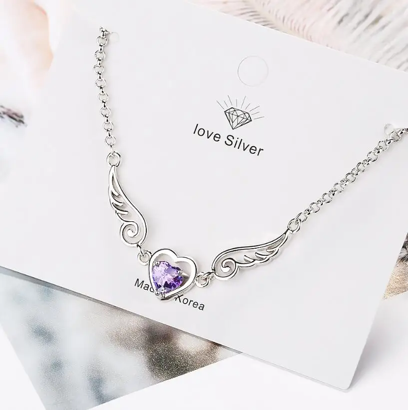 Heart Natural Amethyst 925 Sterling Silver Angel Wings Bracelet for Women Fashion Purple Gemstone Statement Jewelry Pulseiras