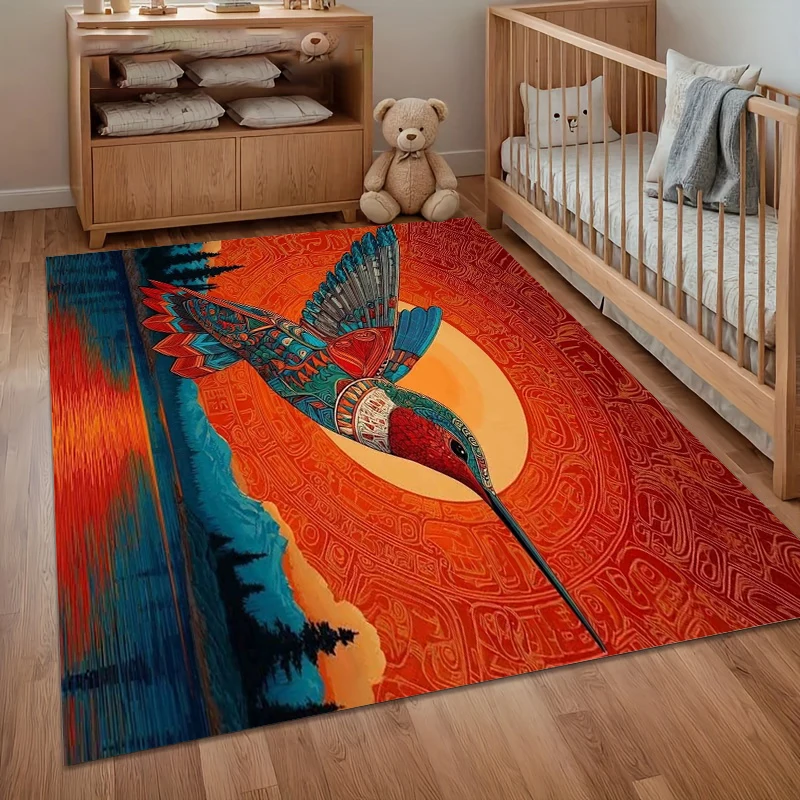 Vibrant Hummingbird Sunset Rug for Living Room - Artistic Bird Non-Slip Rug for Boho& Eclectic Decor  Bedroom Living Room Carpet