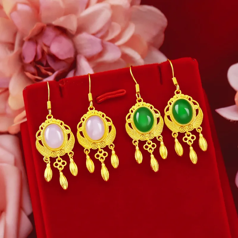 Japanese and Korean fashion 999 24K real gold women's jade pulp earrings women's antique dream catcher gemstone earrings