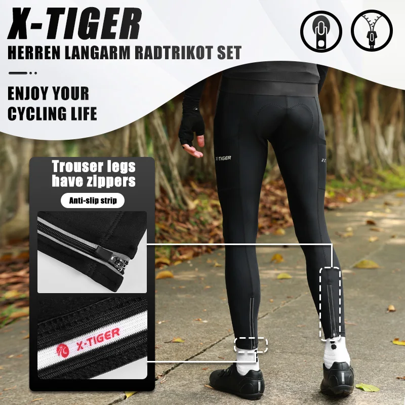 X-TIGER Men's Fleece Cycling Pants Reflective Zippers Safety Night Cycling Warm Biking Trousers for Winter Outdoor Sports