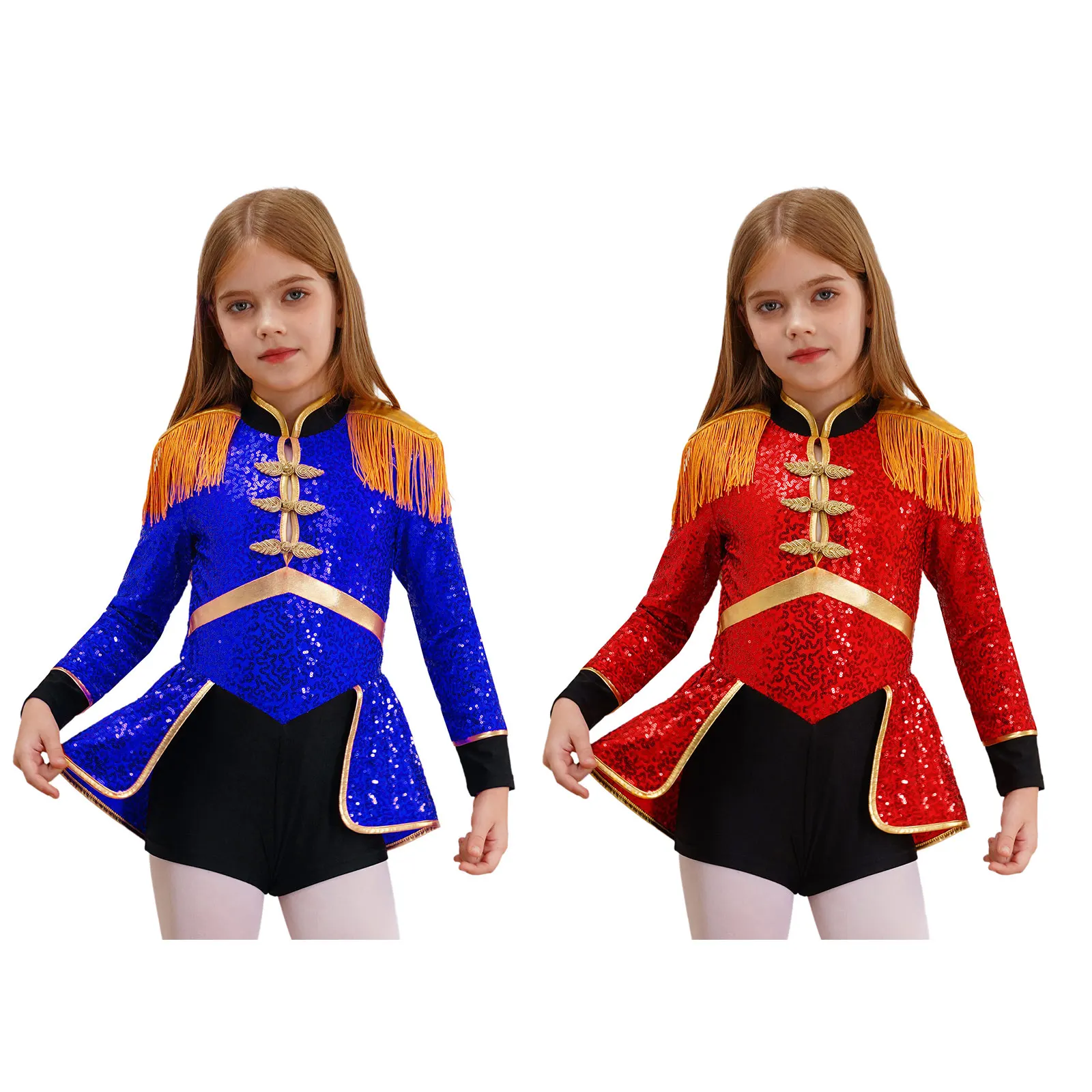 Kids Girls Circus Ringmaster Jumpsuit Costume Shiny Sequins Dance Performance Leotard Halloween Carnival Theme Party Dress Up