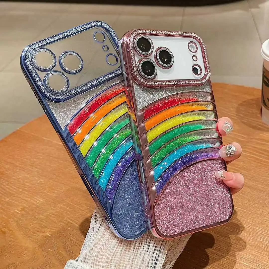 

Cute quicksand Rainbow Dopamine Color Block Match Diamond Case For iPhone 17 16 15 14 13 12 11 Pro Max 17Air Plus Plating Cover