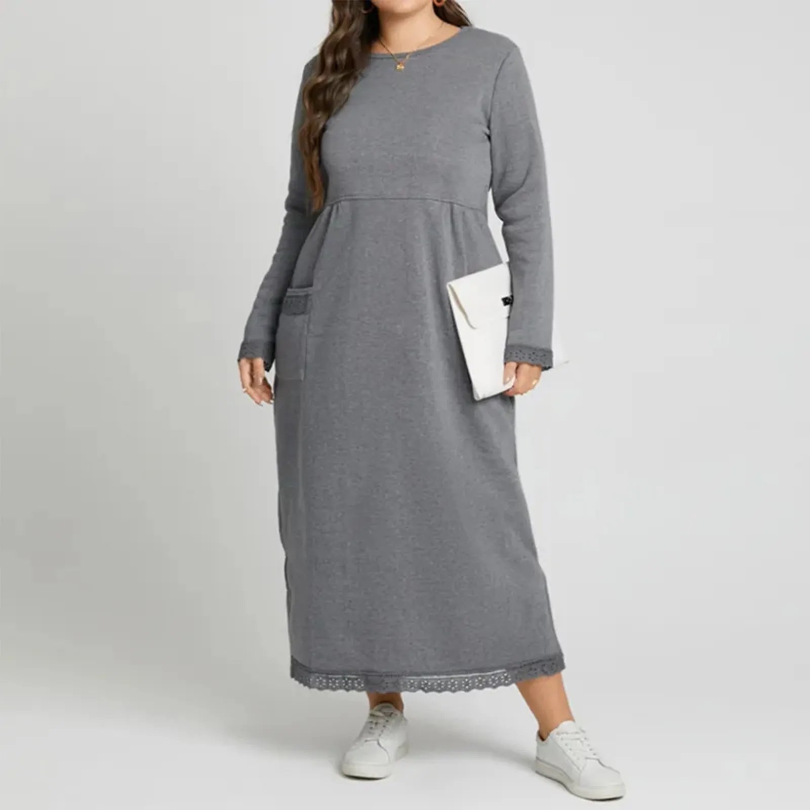 Fashion Women Knitting Dress Long Sweater For Autumn Winter 2023 New Solid Patchwork Round Collar Pullover Oversize Dresses