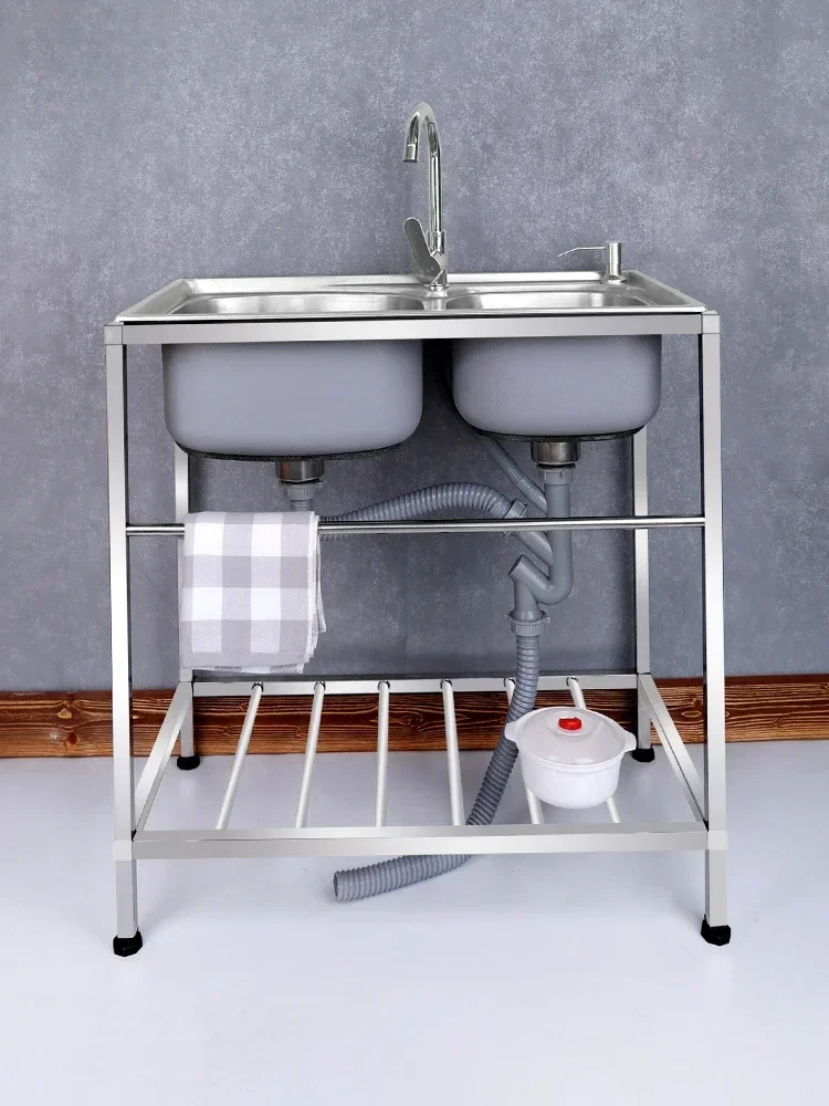 Household Kitchen 304 Stainless Steel Vegetable Basin Double with Bracket  Dishsink Washbasin  Shelf  мойка для кухни 주방 싱크대