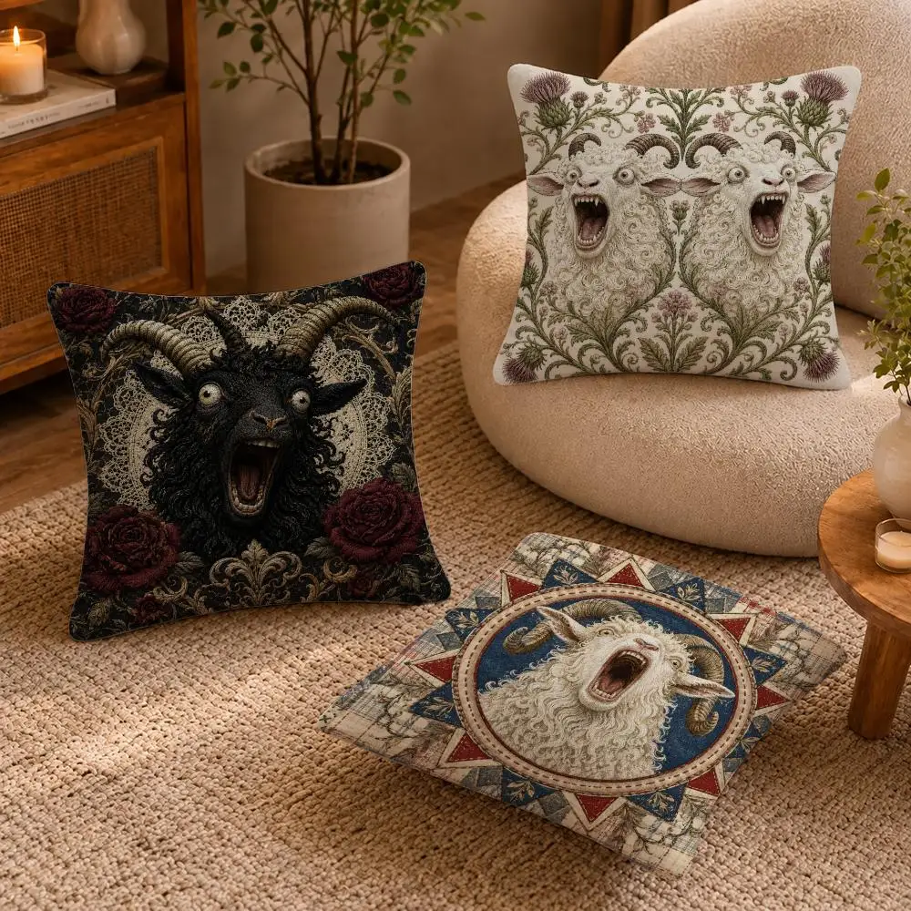Screaming Goat Sheep Embroidered Cushion Cover Short-Plush Cushion Cover Pillowcase — Suitable for Sofas Bedrooms and Home Decor