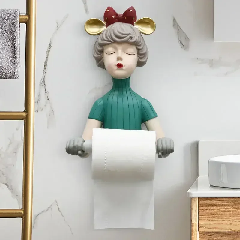 Nordic Cute Girl Punch-free Tissue Box Paper Towel Napkin Holder Resin Decoration Bathroom Toilet Paper Roll Towel Rack Crafts