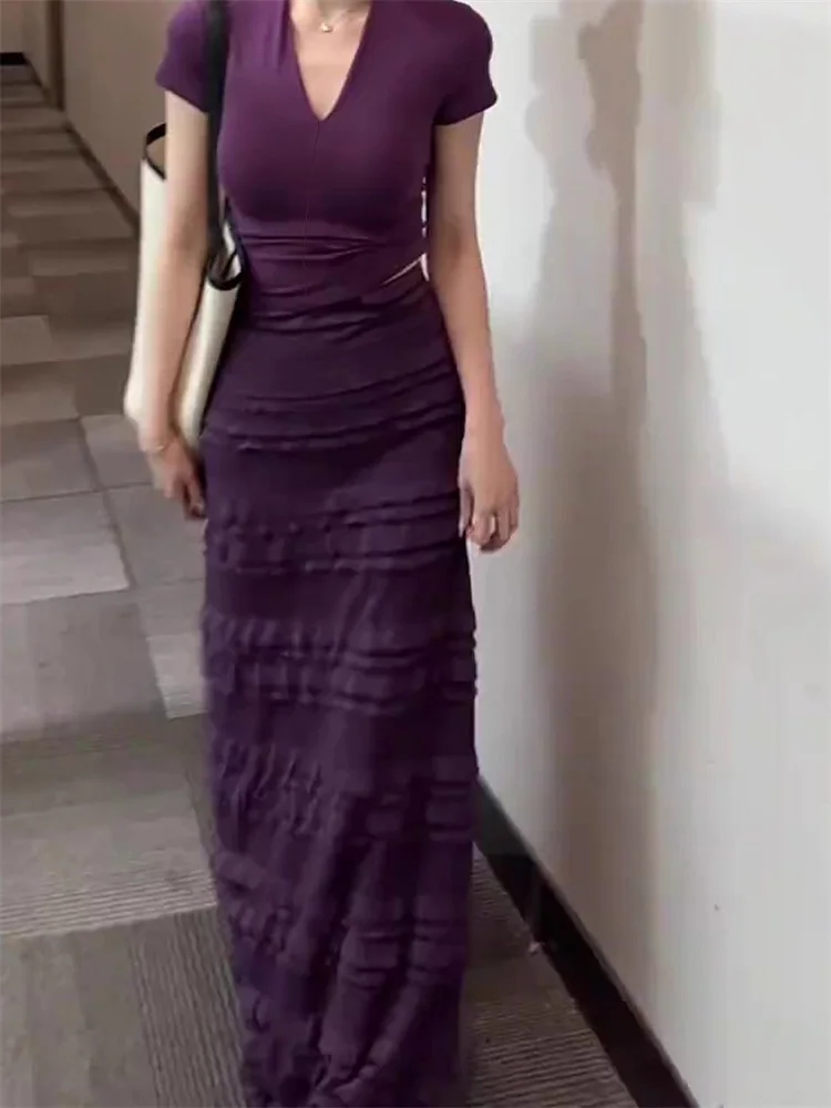 

Women's Two-piece Set Retro V-neck Purple Short-sleeve T-shirt Tops High-waisted Slim Ruffled Tiered Cake Skirt Versatile Suits
