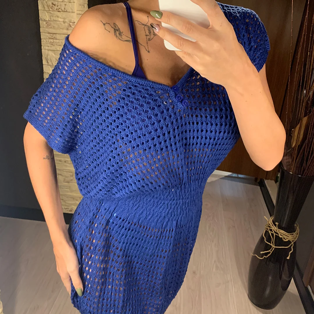 Neues Häkel-Strandkleid, Tunika, langer Pareo, Bikini-Überwurf, Badekleid, Robe Plage, Strandmode V2053 – Detail 9