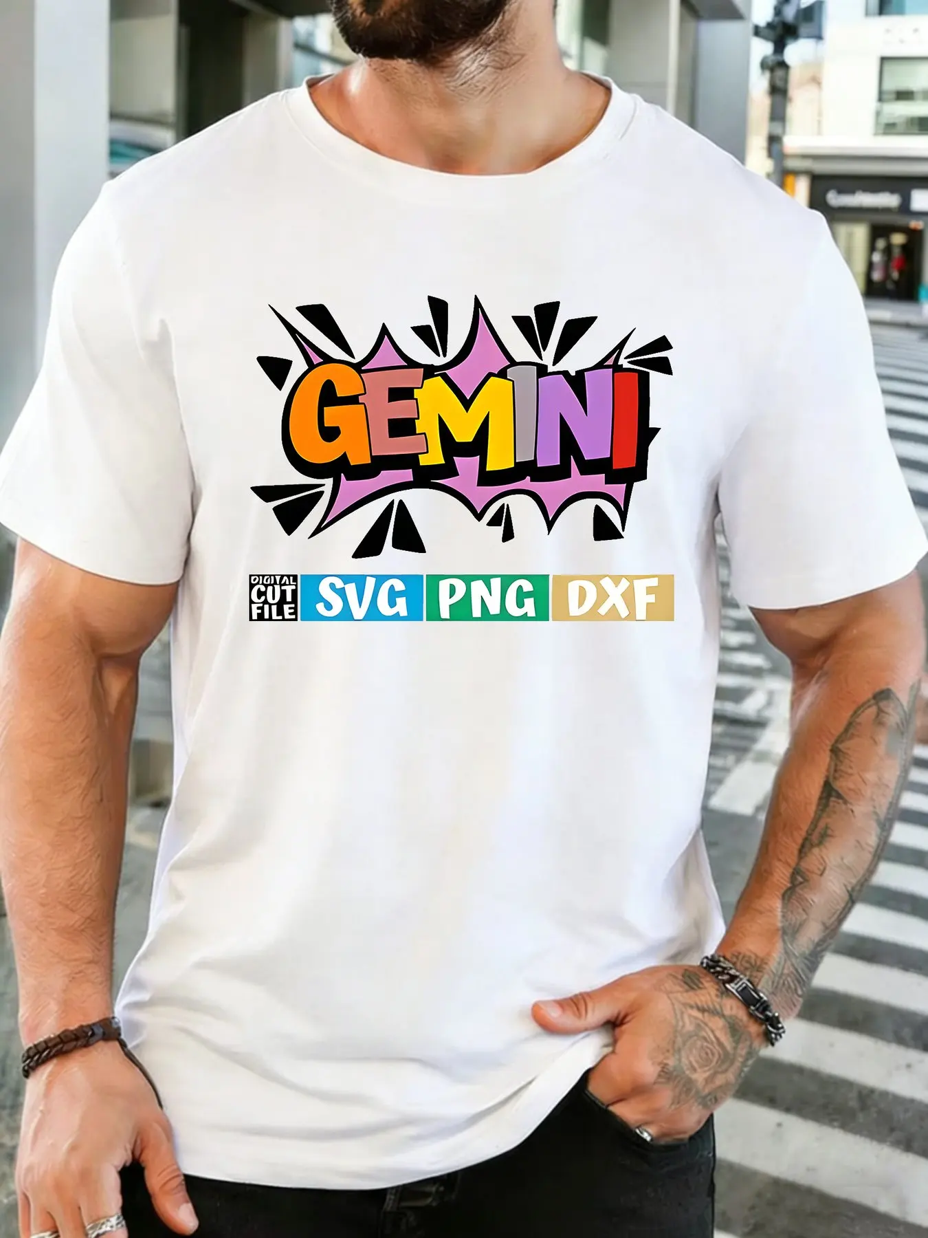 Male Dark Blue Round Neck T Shirt Retro Comic Style Gemini Text Print Bright Multicolor Letter Horoscope Daily Cotton Tee