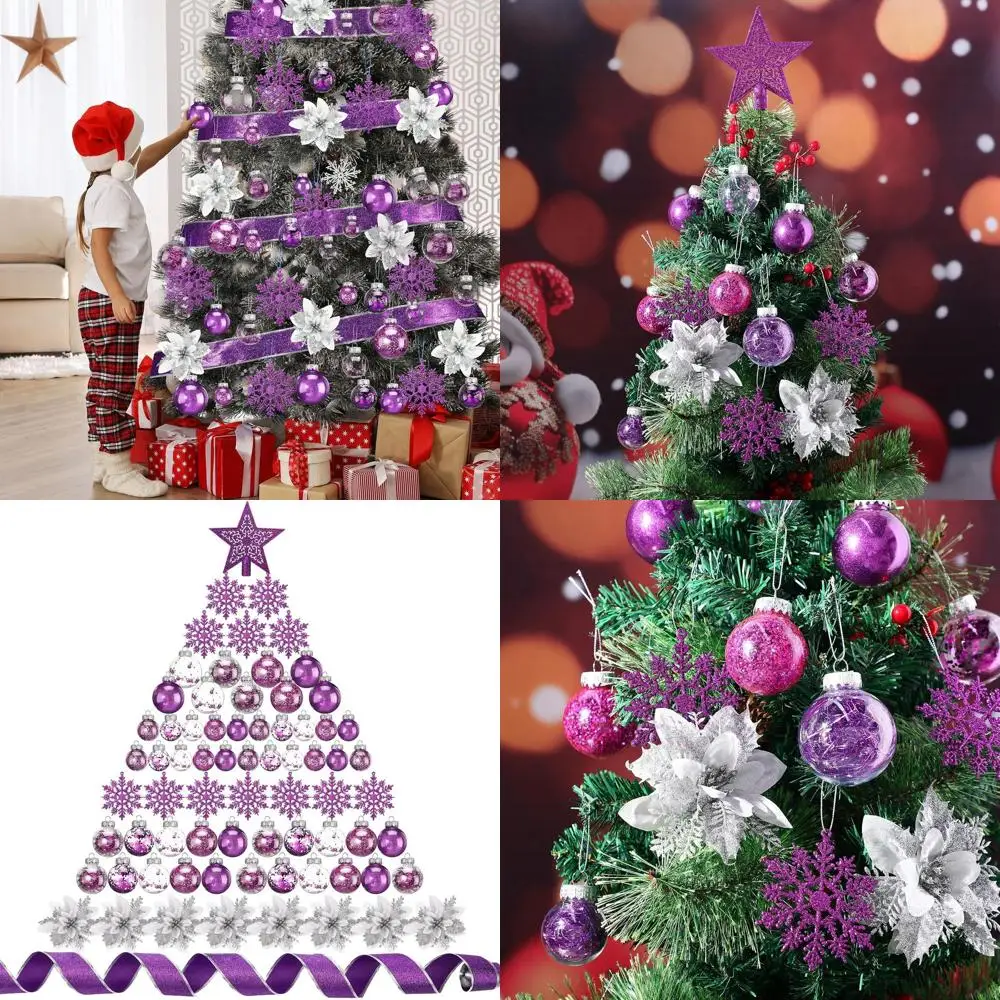 طقم زينة كرة عيد الميلاد مكون من 74 قطعة مقاومة للكسر باللون الأرجواني مع رقاقات الثلج والأشرطة والبونسيتة وطبقة شجرة