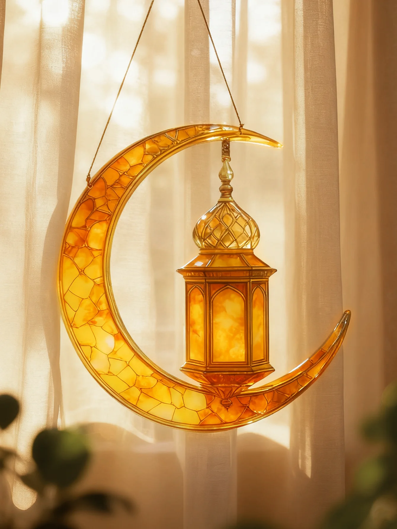 Islamische Mond-Stern-Laterne zum Aufhängen – Acryl-Eid-Mubarak-Ornament für Ramadan Kareem Muslim Festival Home Window Wall Decor